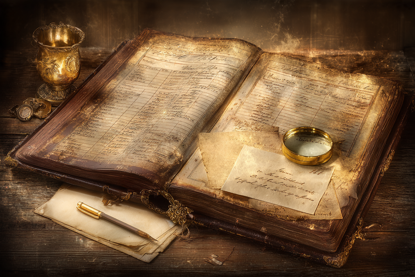 AI-generated illustration of a register-style document beside two separate research cards on a wooden desk.