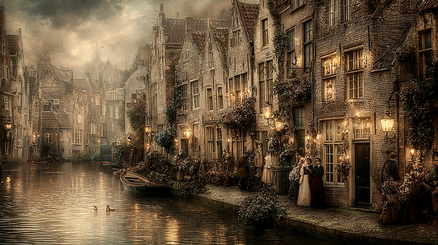 A nineteenth-century Dutch residential street beside a canal, showing the neighbourhood context of family history.