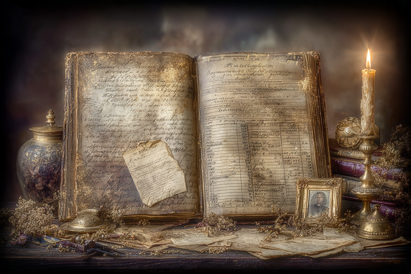 Historical population registers, civil records and a family photograph arranged on an archive research desk.