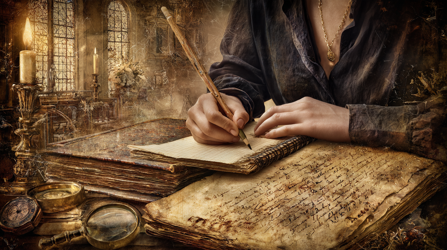 AI-generated illustration of a family historian writing in a separate spiral-bound research notebook beside historical documents.