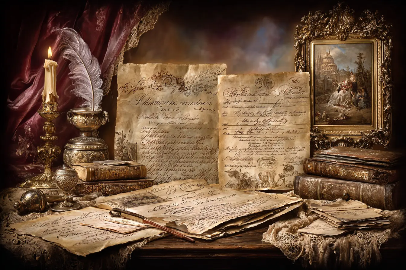 AI-generated illustration of nineteenth-century marriage documents arranged on an archive desk.