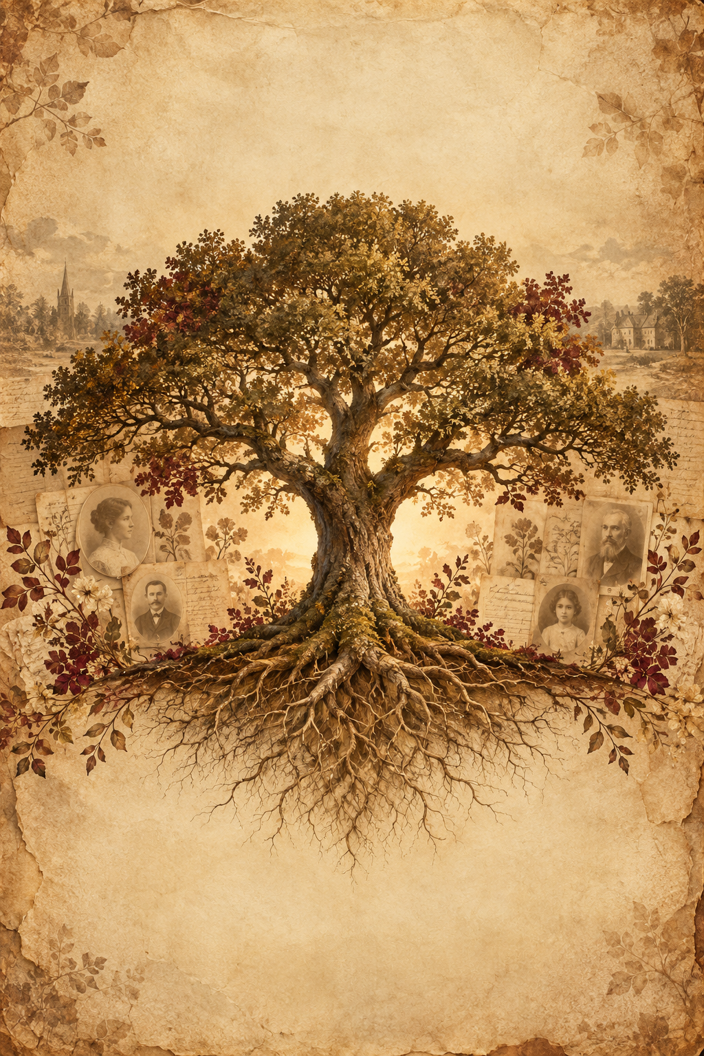 An ancestral tree with deep roots, historic family portraits and archival documents