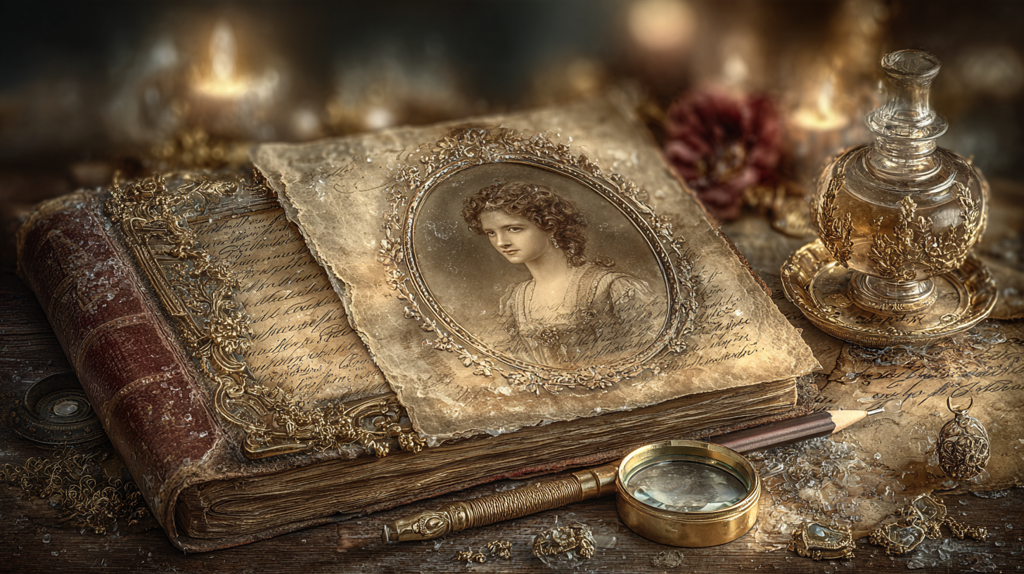 An invented vintage portrait on ornate album-like pages beside a magnifying glass and pencil.